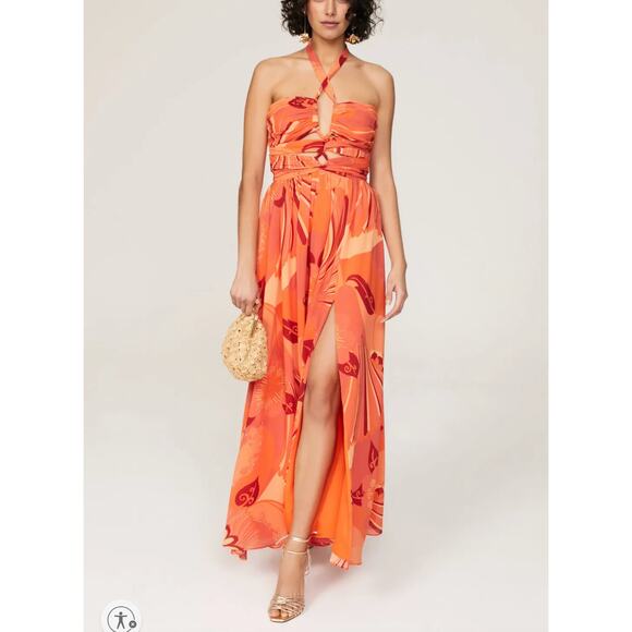 Ronny Kobo Orange Floral Halter Maxi Dress Size 6 Vacation Gown Designer $470 - Picture 1 of 12